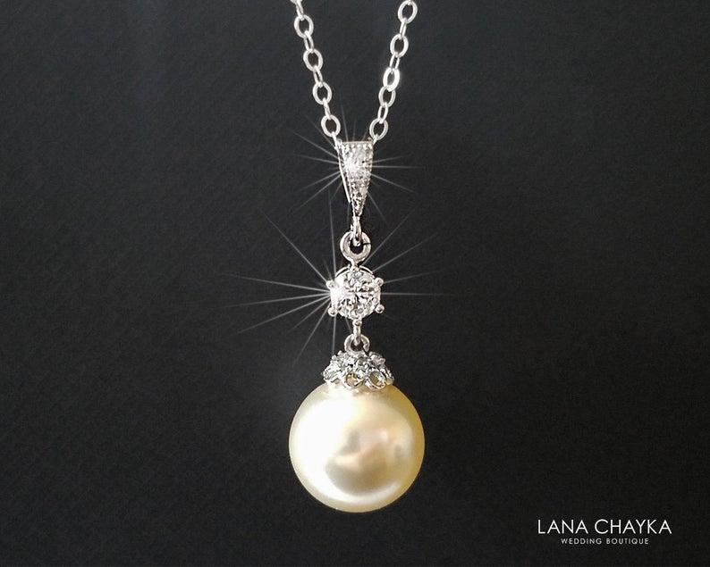 Hochzeit - Pearl Bridal Necklace, Swarovski 12mm Ivory Pearl Necklace, Large Pearl Silver Necklace, Bridal Pearl Jewelry, Wedding jewelry Prom Necklace
