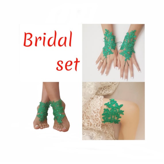 Wedding - FREE EXPRESS SHIPING, Christmas bridal set, lace garter, lace barefoot sandals, lace fingerless glove, christmas, party, theme, wedding