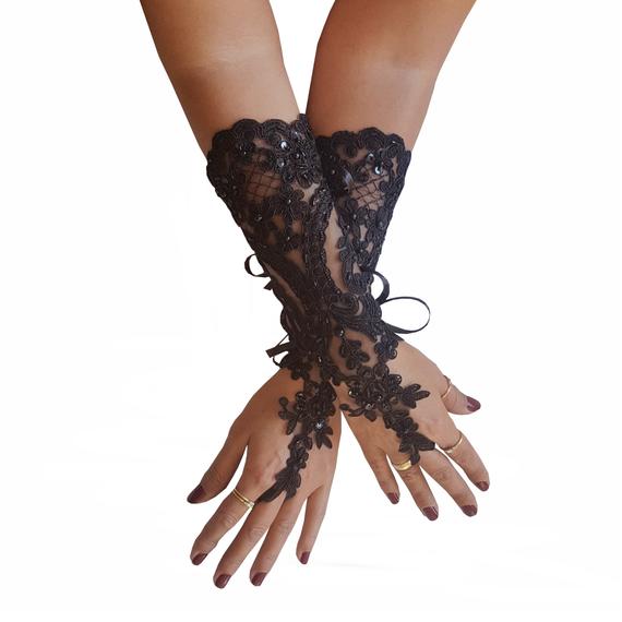 Wedding - Beaded, black gothic gloves, burlesque, fingerless gloves, fingerloop glove, gothic arm warmers, black lace glove, lace glove, long gloves