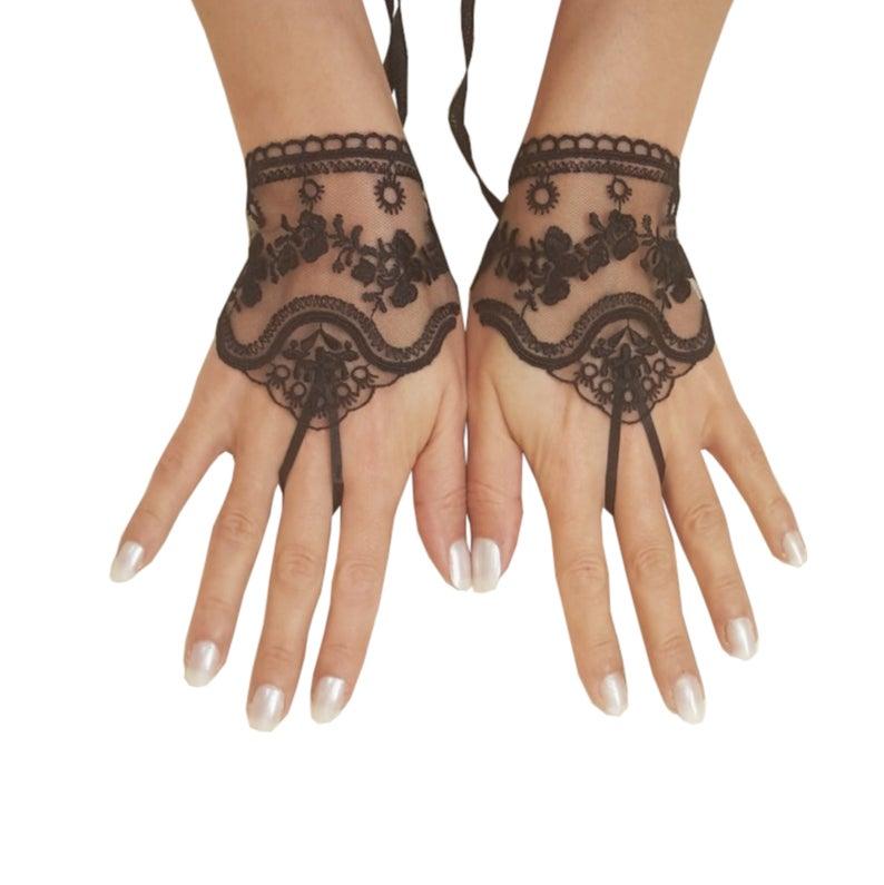 Свадьба - Black or ivory, light beige tulle lace glove embroidery bridal wedding fingerless burlesque body tattoo romantic bridesmaid glove 263
