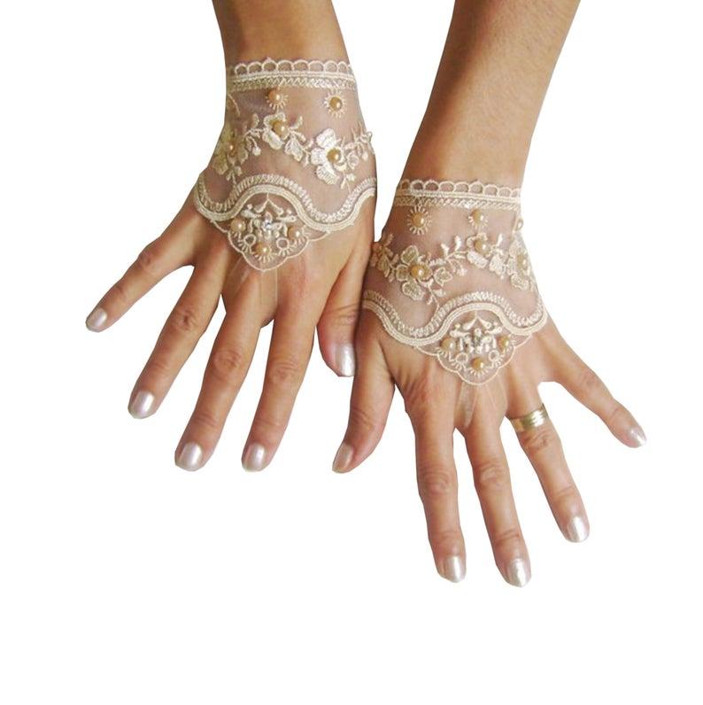 زفاف - Light beige, Black, white, ivory, pink, Wedding gloves bridal gloves fingerless lace gloves beaded pearl and rhinestone 262
