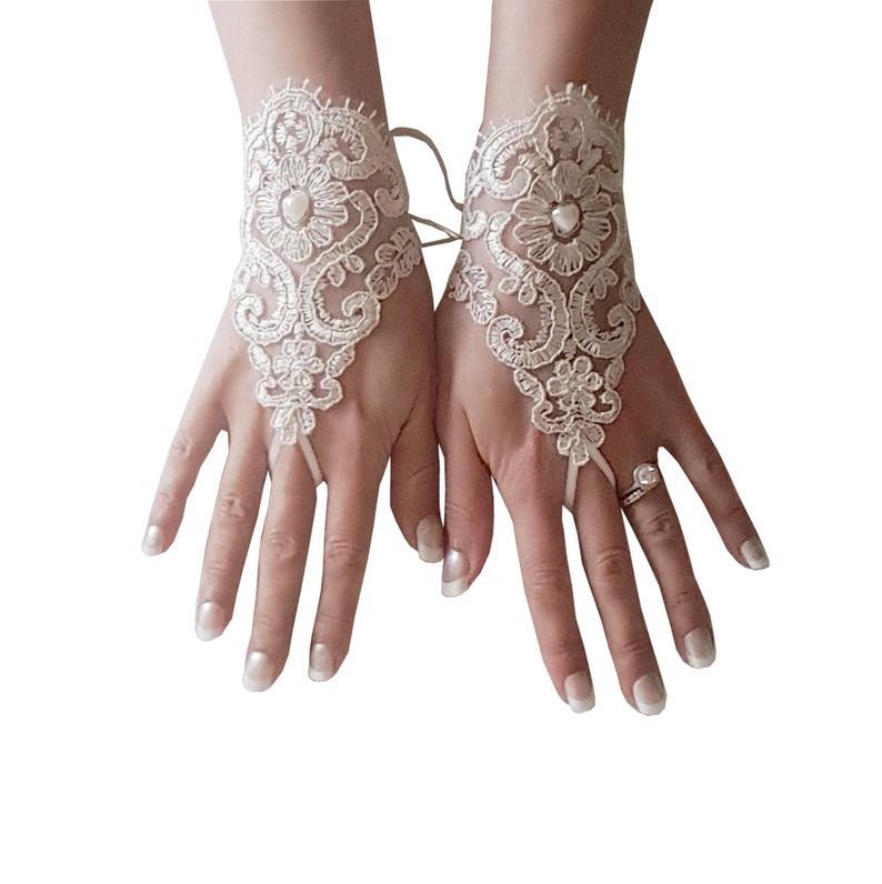 Mariage - Champagne Bridal glove lace wrist cuff lace gloves wedding prom party rustic wedding wonderland