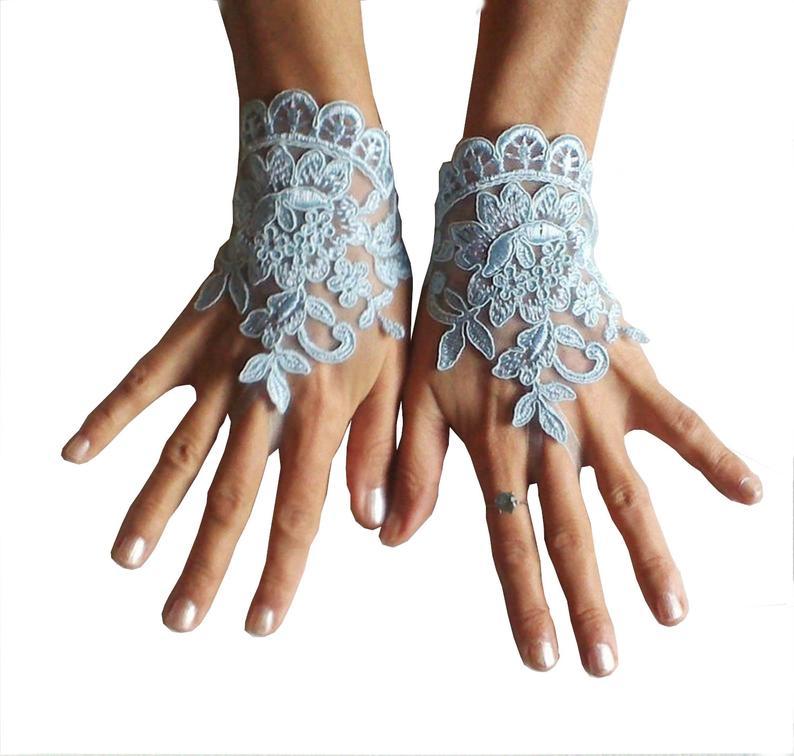 Hochzeit - Something blue wedding glove bridal wedding fingerless french lace blue wedding gloves gauntlets guantes rustic elegant