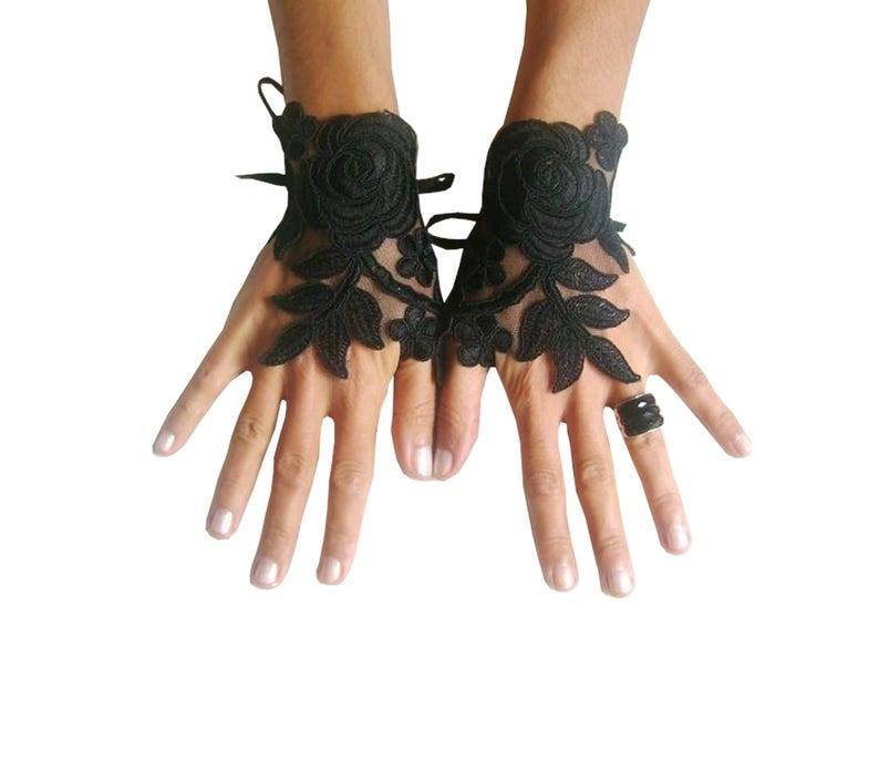 Hochzeit - Black Wedding gloves, happiness rose, bridal gloves, fingerless lace gloves, Unique design, french lace gloves, gothic wedding, black