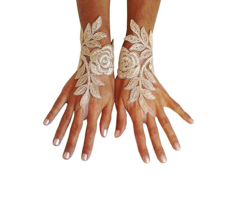 Hochzeit - cappuccino Wedding gloves happiness rose bridal gloves fingerless lace gloves cappuccino gloves french lace gloves