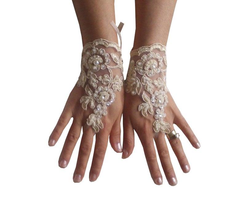 Hochzeit - cappuccino Wedding gloves beaded pearl bridal gloves fingerless lace gloves cappuccino gloves french