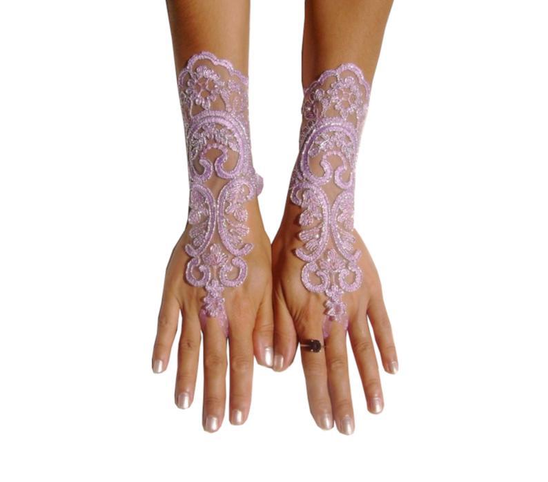 Hochzeit - Lavender gloves lilac bridal gloves light purple fingerless lace gloves french lace silver frame, bridesmaid dresses, glove