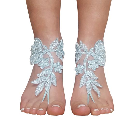 Wedding - Aqua blue beach wedding barefoot sandals, bridal shoes, bridesmaid gift, beac wedding, lace bangle, lace ankle, beaded barefoot sandal