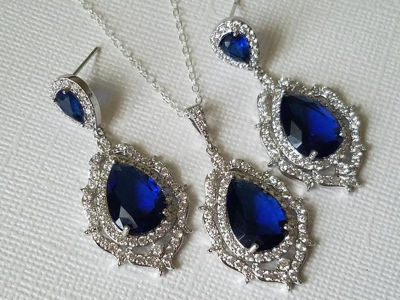 Hochzeit - Navy Blue Bridal Jewelry Set, Dark Blue Teardrop Earrings&Necklace Set, Sapphire Blue Silver Set, Wedding Jewelry, Bridal Navy Blue Jewelry