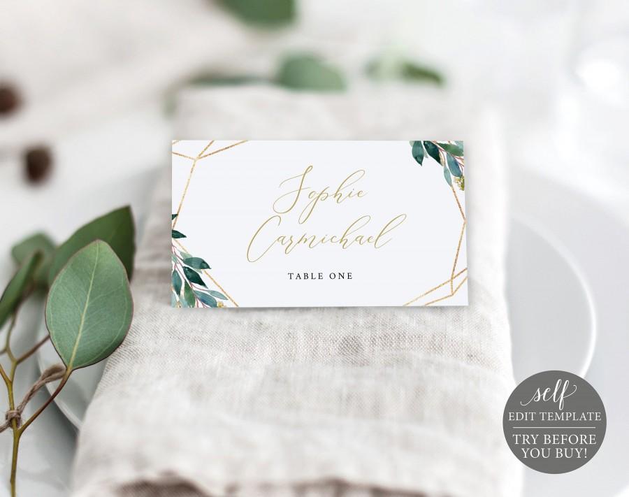 Wedding - Place Card Template, Editable Instant Download, Greenery Geometric, TRY BEFORE You BUY!