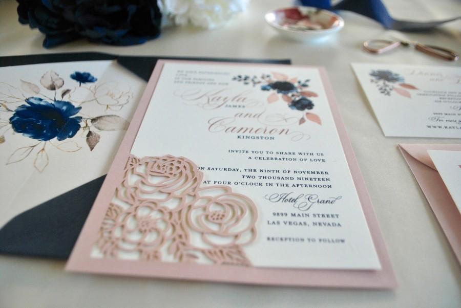Wedding - Dusty Rose, Navy Blue Laser Cut Wedding Invitation- Navy Floral Laser Cut Invitation, Blush Wedding, Mauve, Burgundy, Custom Color/wording