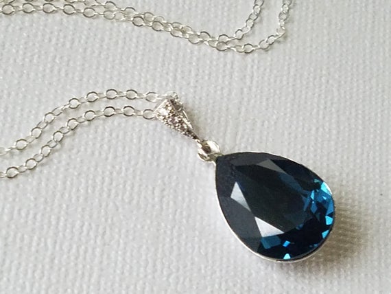 Hochzeit - Navy Blue Crystal Necklace, Dark Blue Teardrop Necklace, Swarovski Montana Blue Pendant, Wedding Jewelry, Bridal Jewelry, Deep Blue Pendant