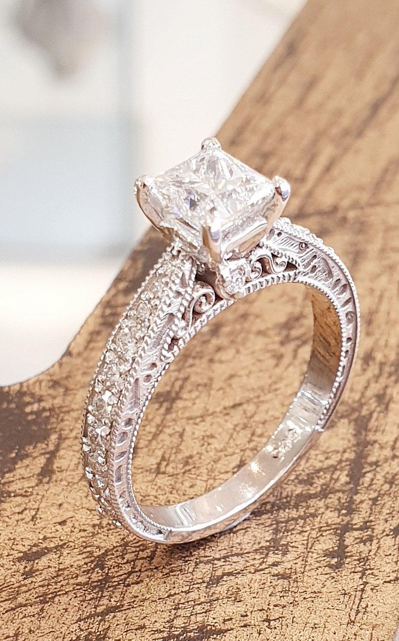 زفاف - Antique Engagement Ring Princess Cut 0.80 Diamond 14k White Gold Art Deco Wedding Promise Statement Anniversary Gift For Her