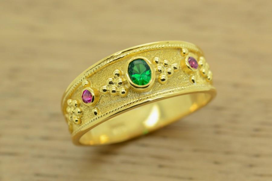 Hochzeit - Etruscan Ring, Byzantine Ring, Rubies Emerald Ring , Silver Ring, 22K Gold Plated Ring, Greek Art Ring, Greek Jewelry