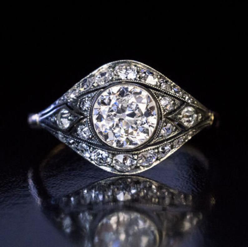 زفاف - New Art Deco Wedding Engagement Women's Ring Vintage Victorian Edwardian Rings 1.15Ct White Round Cut CZ With Solid 925 Sterling Silver
