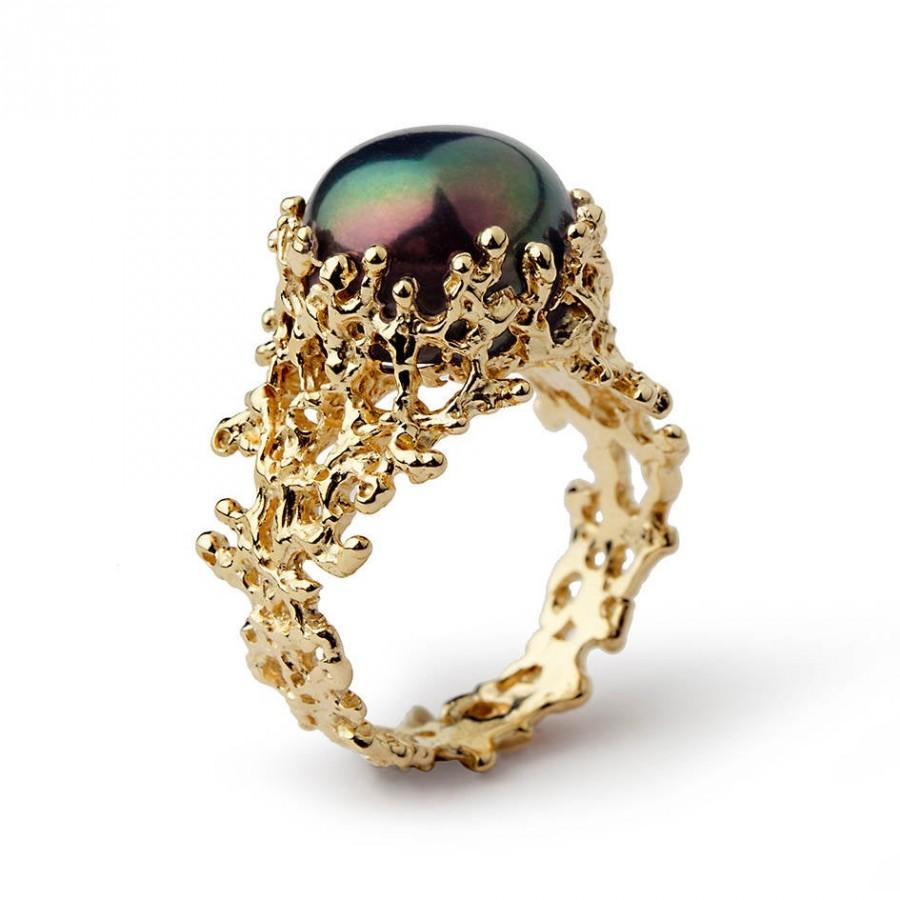 Hochzeit - CORAL Black Pearl Ring Band, Black Pearl Engagement Ring,  Unique Pearl Engagement Ring Gold, 14k Gold Pearl Ring, Organic Pearl Ring
