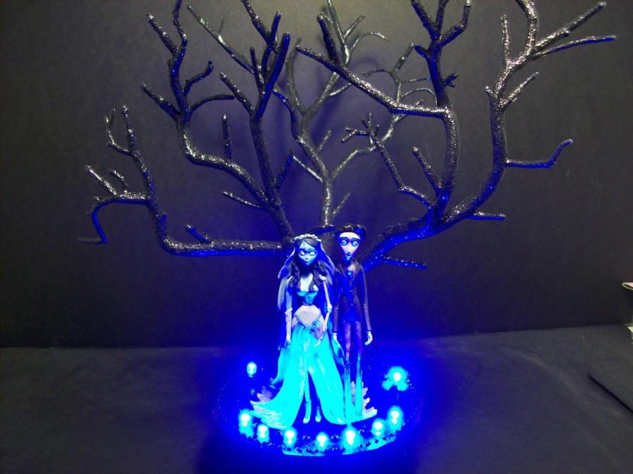 Mariage - Corpse Bride & Victor Wedding Cake Topper Gothic Tree with *BLUE* Light