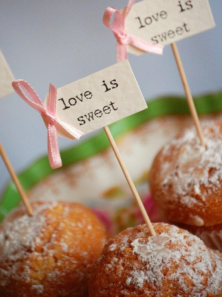 Wedding - love is sweet Wedding Cupcake Toppers - ivory with pastel pink bows - set of 10