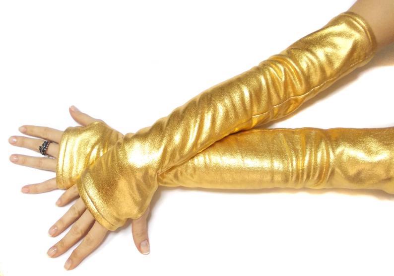 Wedding - Gold Fingerless Long Gloves Costume Dance Gloves Belly Dance Cosplayer Accessories Sexy Accessories Thumbhole Arm Warmers Unique Gifts Women