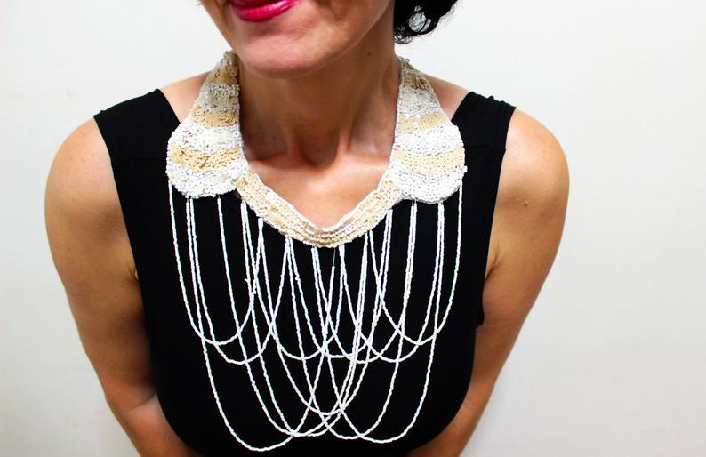 Hochzeit - Embroidered Fringe Collar Necklace Peter Pan Collar Bead Embroidered Fringe Statement Necklace Beaded Bib Necklace Gift For Her