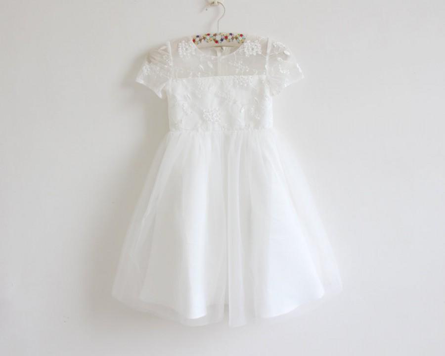 Hochzeit - Light Ivory Tulle Flower Girl Dress Short Sleeves Sheer Straight Lining Flower Girl Dresses Baby Girl Dresses