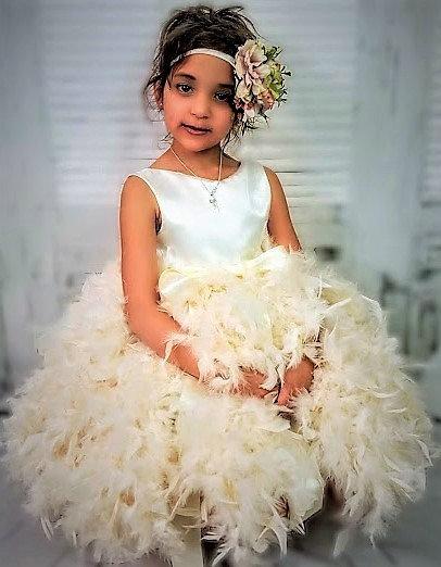 Свадьба - TODDLER Flower Girl Dress,ivory flower girl dress,Wedding Dress for Girls,cream flower girl dress,Toddler Birthday Dress-Girls Feather Dress