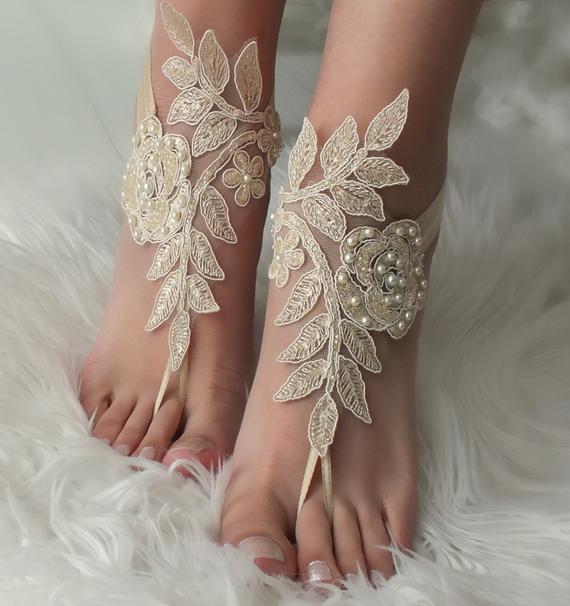 Mariage - 12 COLOR Champagne lace barefoot sandals wedding barefoot Flexible wrist lace sandals Beach wedding barefoot sandals beach Wedding shoes