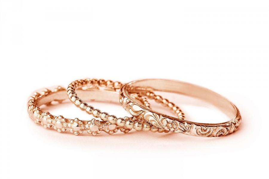 Hochzeit - Floral rose gold stacking ring set, flower stacking rings 14k rose gold