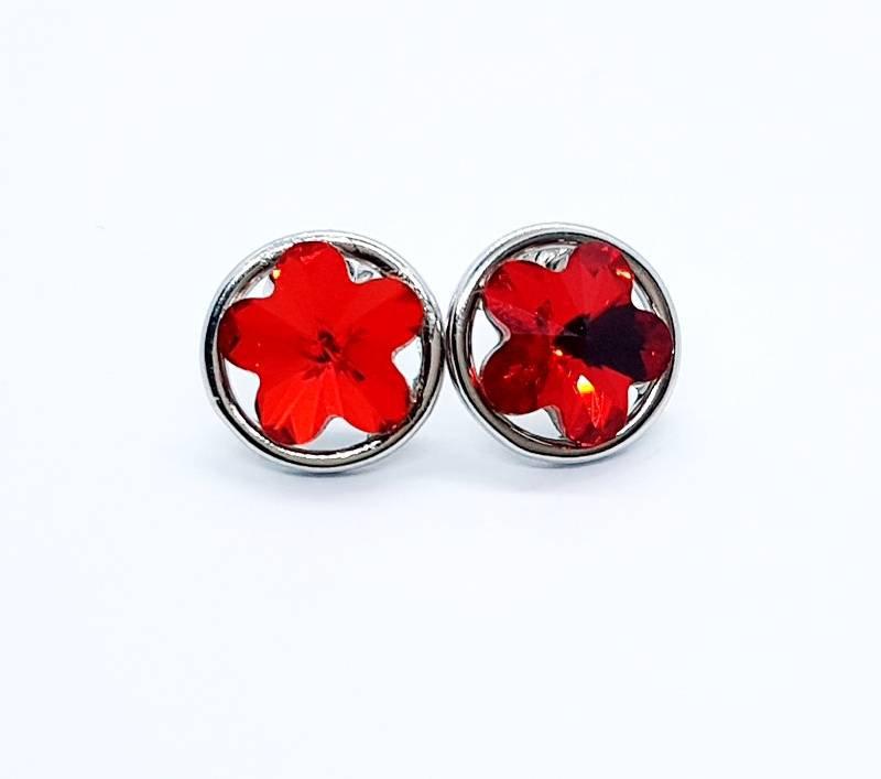 Wedding - 925 silver earrings with ruby red Swarovski flower-shaped cabochon