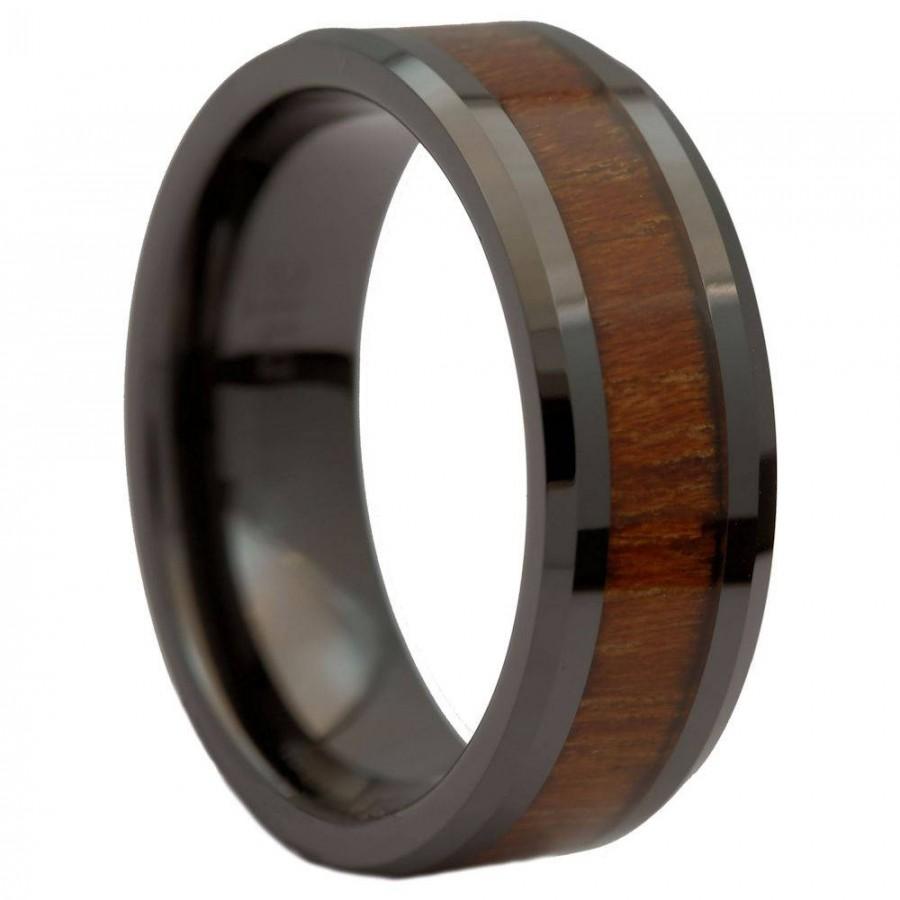 Hochzeit - 8MM Black Ceramic Wedding Ring Natural Acacia Koa Wood Inlay Comfort Fit