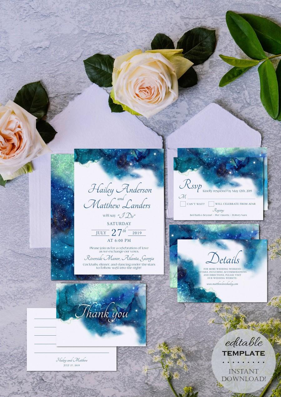 Wedding - Galaxy Digital Wedding Invitation Suite, Starry Night Blue Green Wedding Invite, Celestial Printable Editable Template, Instant Download WS9