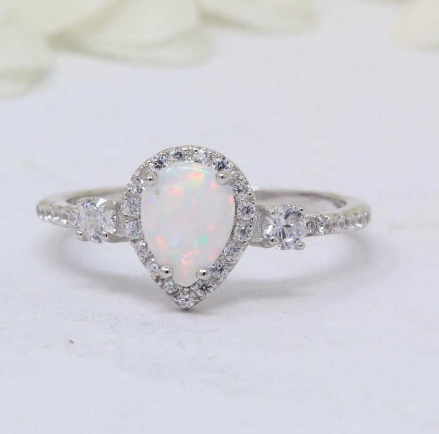 Hochzeit - Halo Teardrop Pear Lab White Opal Wedding Engagement Ring Round Simulated Diamond 925 Sterling Silver