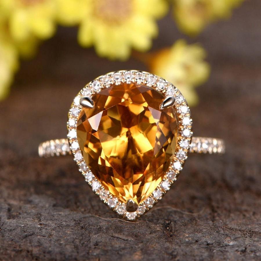 Hochzeit - Citrine Engagement Ring 10x12mm Pear Shaped Yellow Gemstone Ring Halo Diamond Wedding Band Solid 14K Yellow Gold Statement Ring