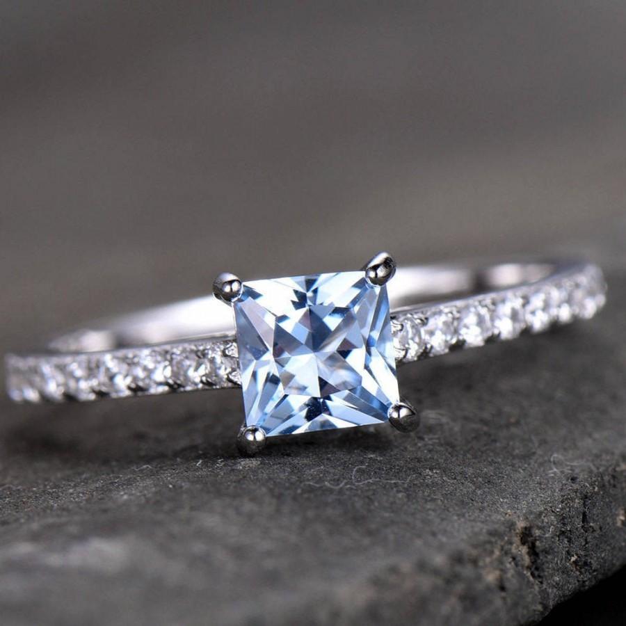 زفاف - Blue Topaz Solitaire Engagement Ring 5.5mm Princess Cut Gemstone Promise Ring CZ Pave Set 925 Sterling Silver Bridal Ring White Gold Plated