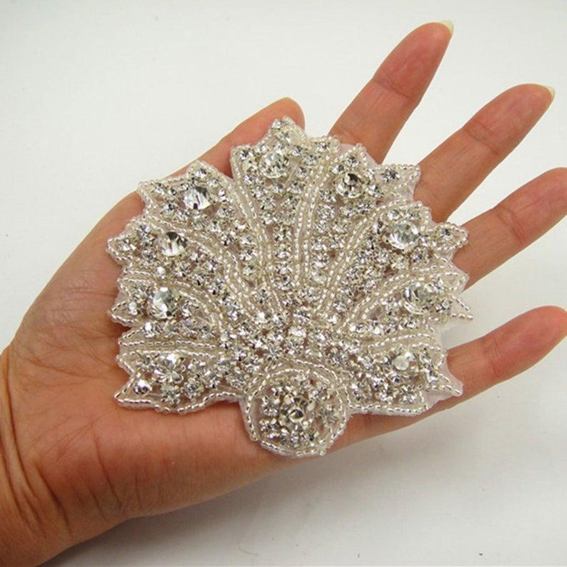 Свадьба - Hot Glued Rhinestone applique Shimmer Shell Crown Dance Costumes Patch Crystal Applique for Prom Party Dress Belt,Headband