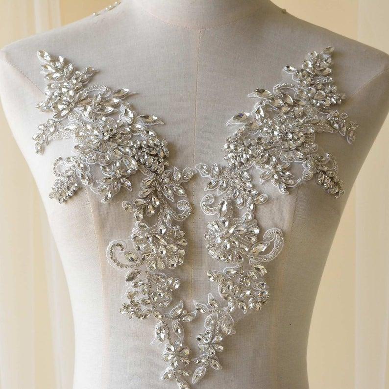 Wedding - Rhinestone applique,Sparkling Beaded Appliques Trims,Embroidery Crystal Patch for Wedding Dress,Evening Gown