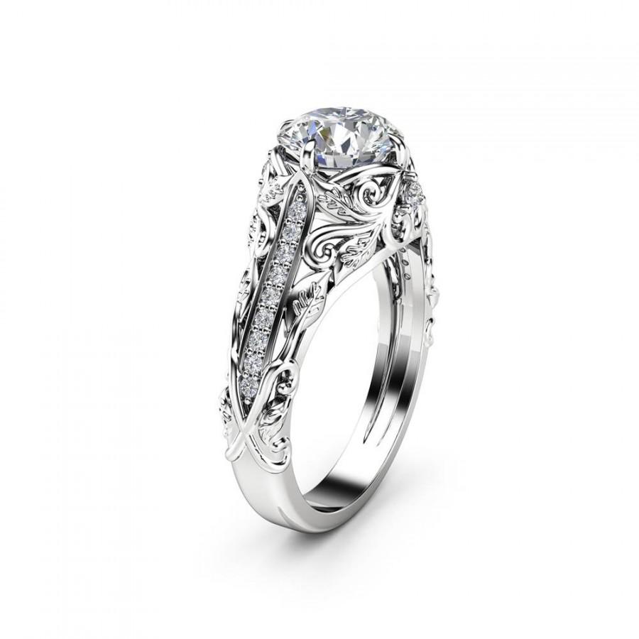 Hochzeit - Floral Diamonds Engagement Ring 14K White Gold Ring Moissanite Floral Ring