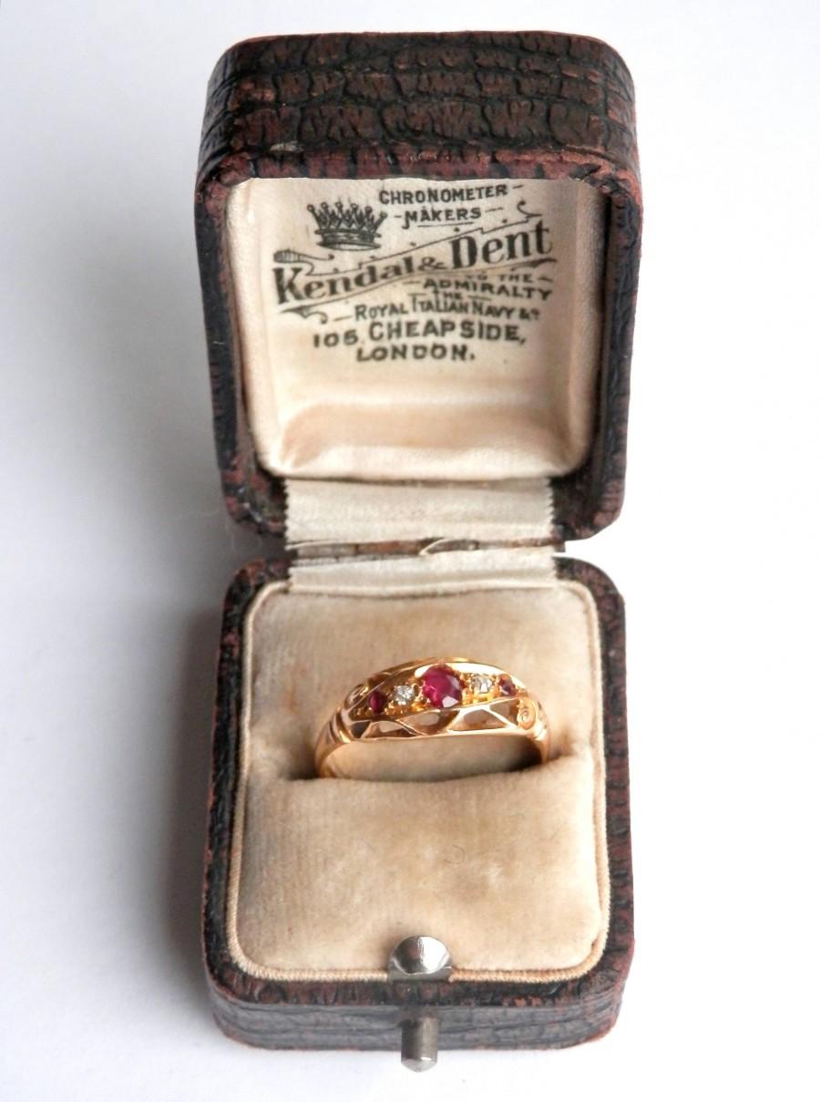 Wedding - 18K Gold Vintage Ruby & Diamond Ring, Victorian 18ct Engagement Ring, UK Size N 1/2, US Size 6 3/4, Dress Ring