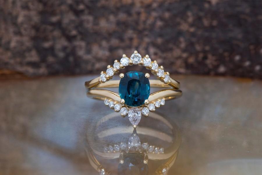 زفاف - Alternative engagement ring-Blue Green Sapphire wedding ring set-Gatsby Diamond Engagement Ring-Sapphire diamond ring-Vintage ring