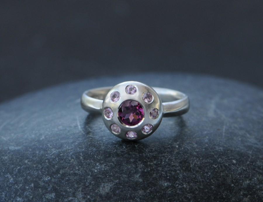 Hochzeit - Pink Sapphire and Rhodolite Garnet Engagement Ring in Silver - Rhodolite Garnet and Pink Sapphire Cluster Ring