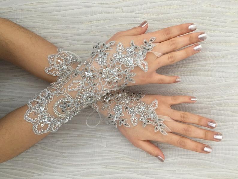 Hochzeit - OOAK Silver bead embroidered Wedding Gloves, Bridal Gloves, lace gloves, bride glove bridal gloves lace gloves fingerless gloves