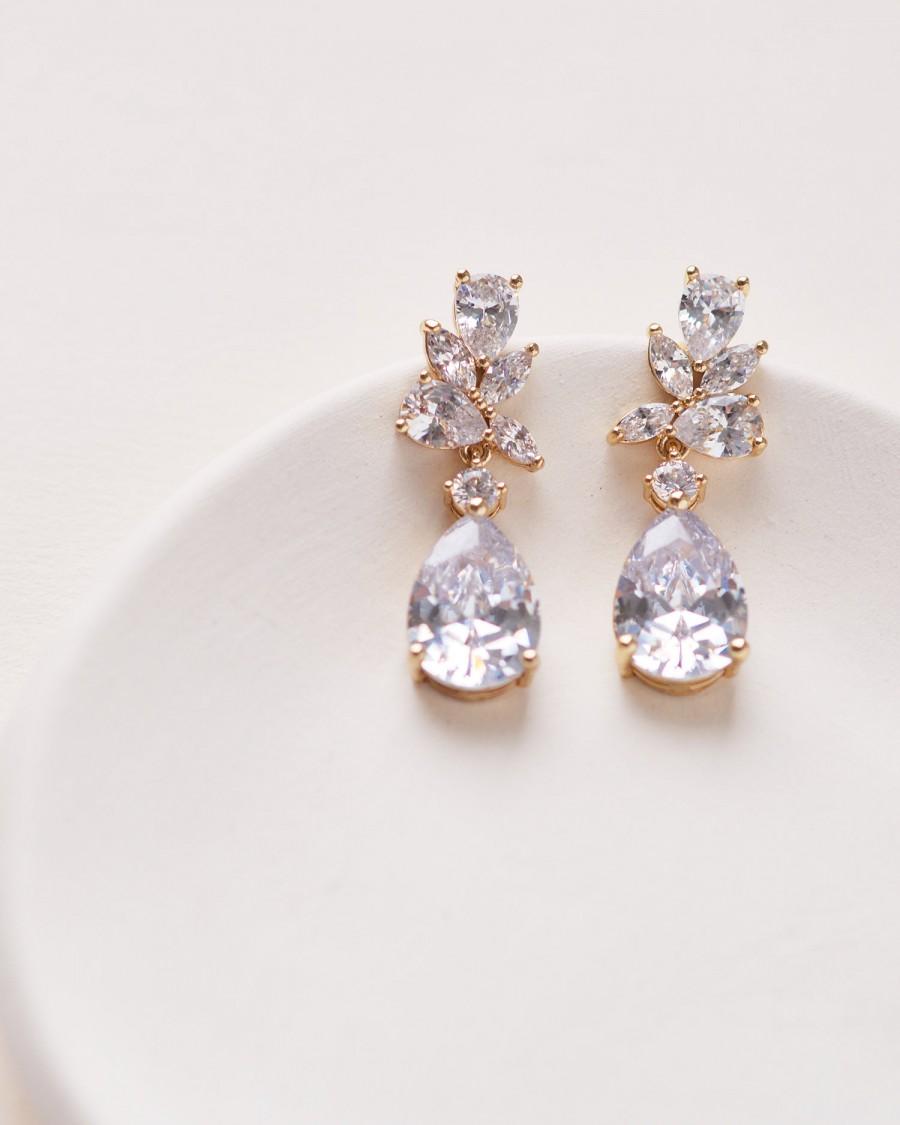 Hochzeit - Gold Bridal Earrings, Gold Wedding Earrings, CZ Bridal Earrings, Wedding Jewelry, Gold CZ Bridal Earrings, Bridal Jewelry, Wedding ~ JE-4161