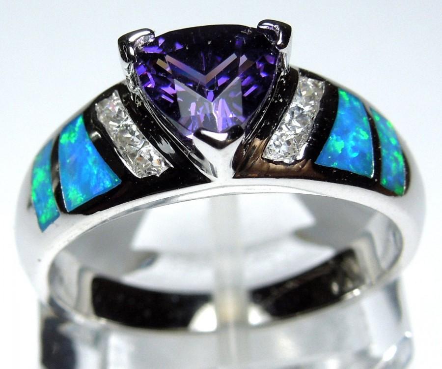 Amethyst & Blue Fire Opal Inlay Véritable 925 Sterling Silver Ring Taille 7,8,9 