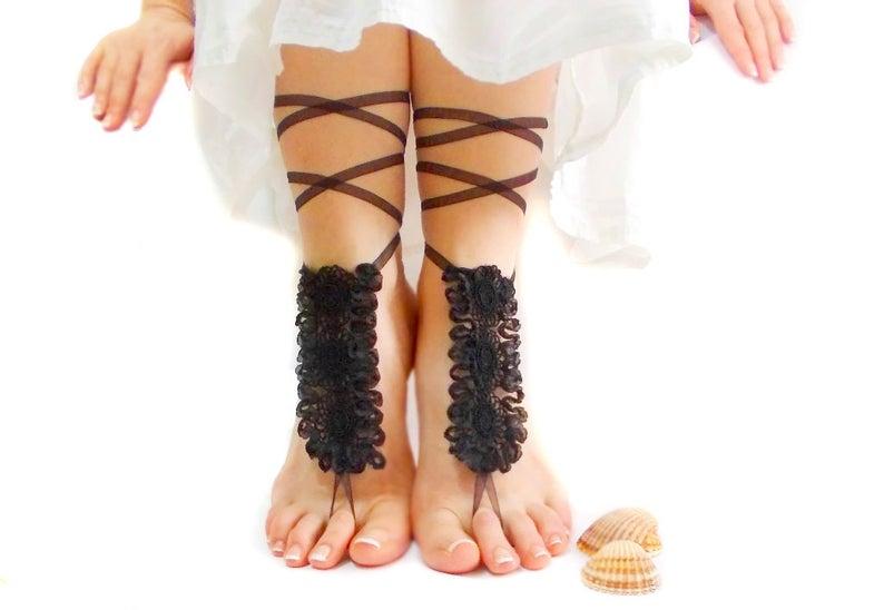 Mariage - Black Lace Barefoot Sandal Lace Foot Jewelry Black Anklets Beach Wedding Barefoot Sandles Festival Shoes Gothic Shoes Wedding Unique Gift