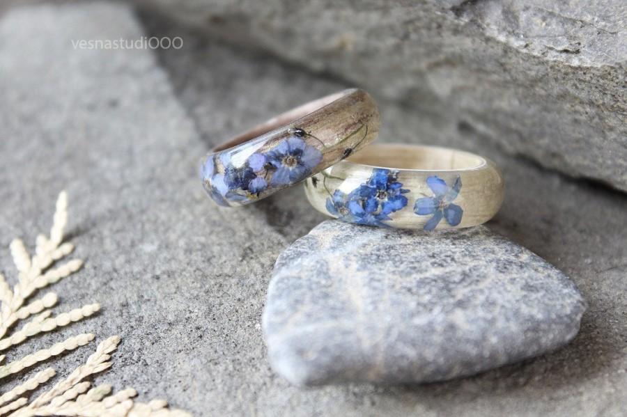 Hochzeit - Wood flower ring Blue Forget me not ring Flower wood wedding ring Engagement nature ring Women wooden ring Botanical ring