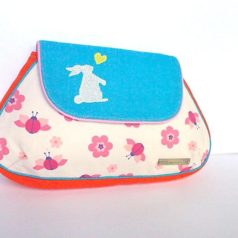 Mariage - Vintage Fabric Purse - Bunny Rabbit Heart Motif - Cute Vegan Clutch Bag - Pink Ladybug Purse - Floral Ladybird Pastel Insects Flowers Pouch