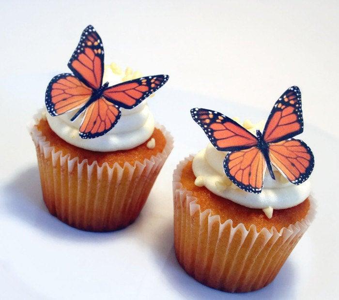 Hochzeit - Edible Butterflies Wedding Cake Topper, Orange Monarch Edible Butterflies Set of 12 DIY Cake Decor, Edible Cake Decorations, Cupcake Toppers