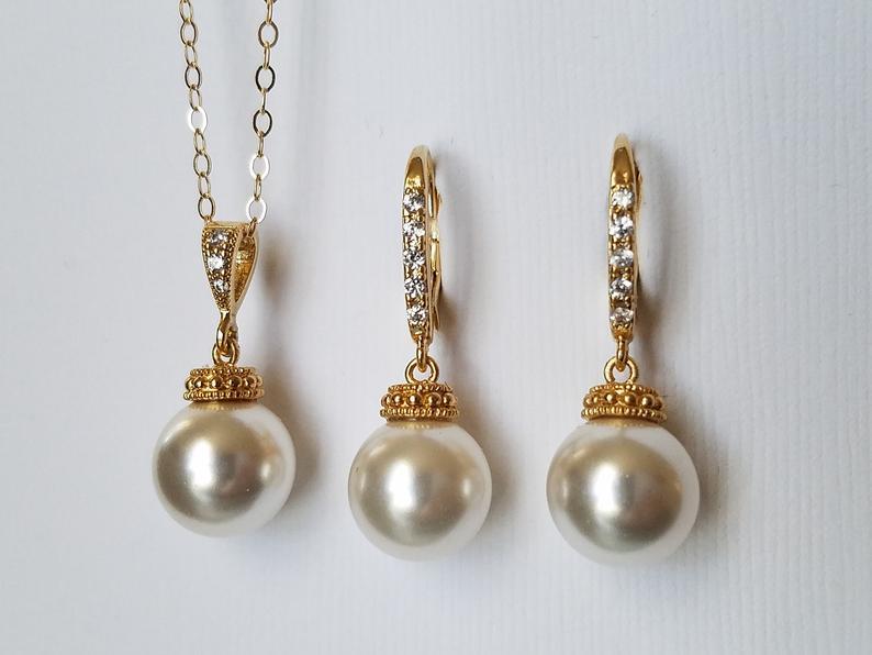 Wedding - White Pearl Gold Bridal Jewelry Set, Swarovski 10mm Pearl Earrings&Necklace Set, Bridal Bridesmaid Jewelry Bridal Party Gift Wedding Jewelry
