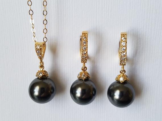 Wedding - Black Pearl Gold Jewelry Set, Swarovski Pearl Gold Earrings&Necklace Set, Wedding Black Jewelry Charcoal Gold Jewelry Pearl Drop Jewelry Set