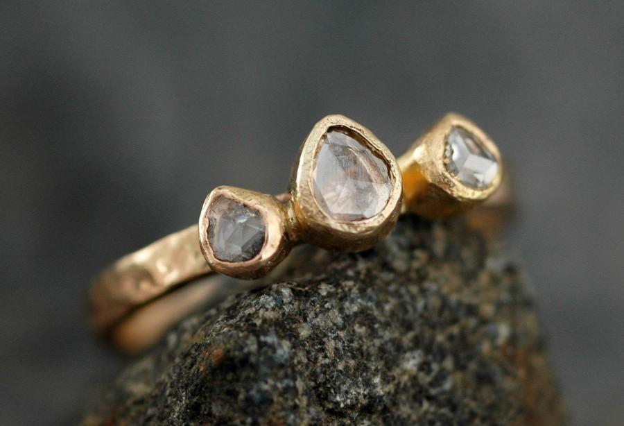 Wedding - Rose Cut White Diamond Trio on Recycled Gold Ring- Custom Unique Engagement Ring